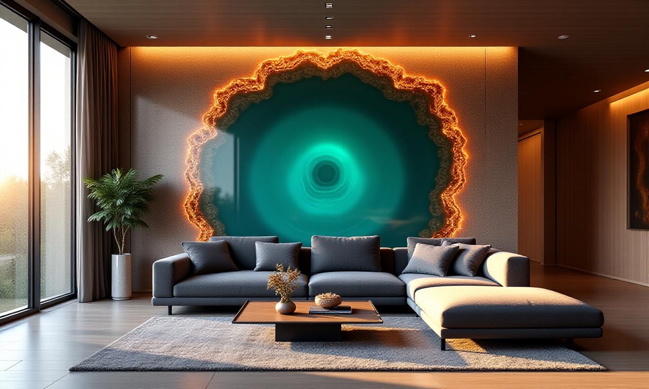 Ruang tamu mewah dengan dinding aksen batu alam agate